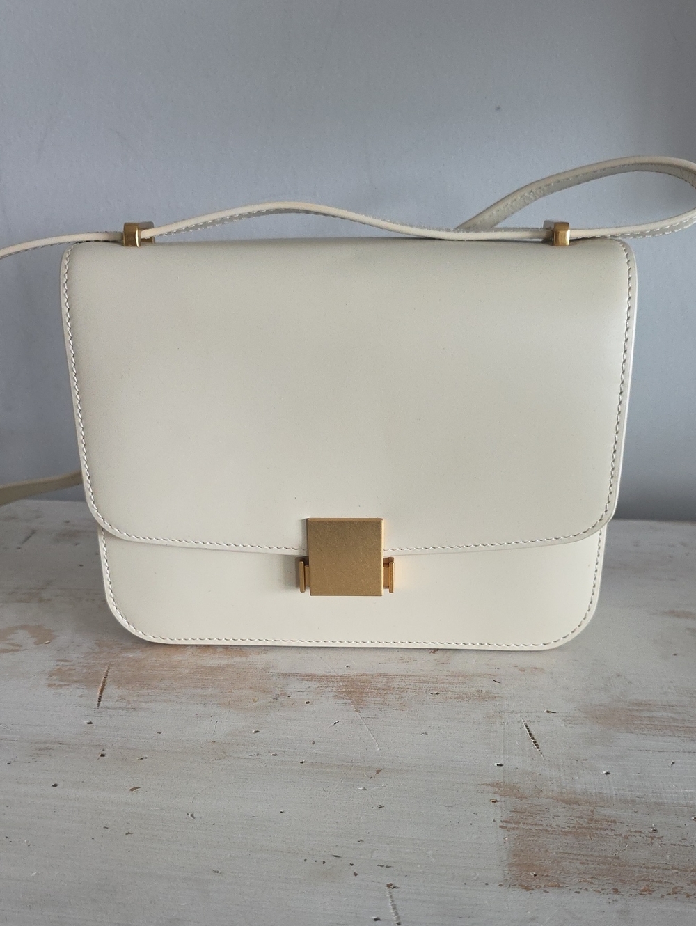 Quince Italian Leather Box Shoulder Bag in Cream
